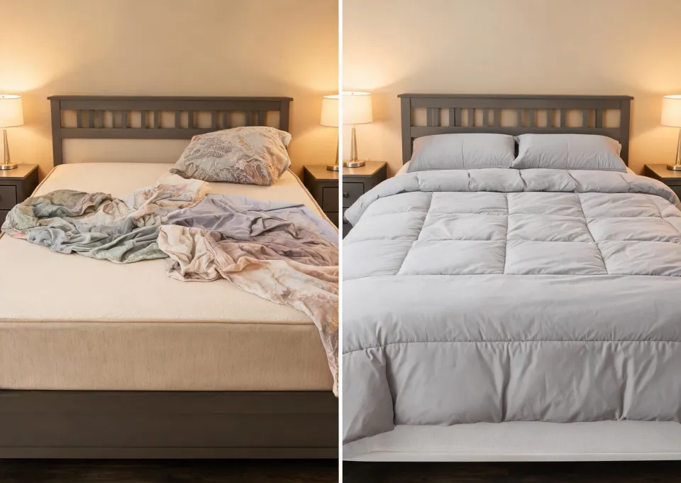 Before and after bedding setup comparison