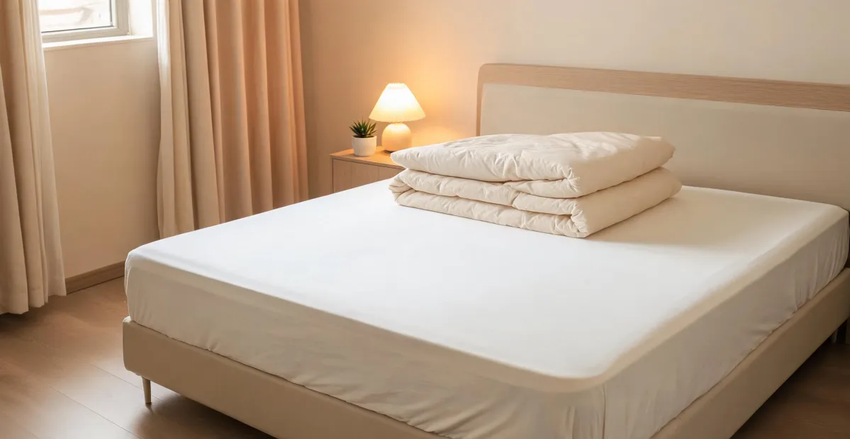 Guest room bed with mattress protector and comforter