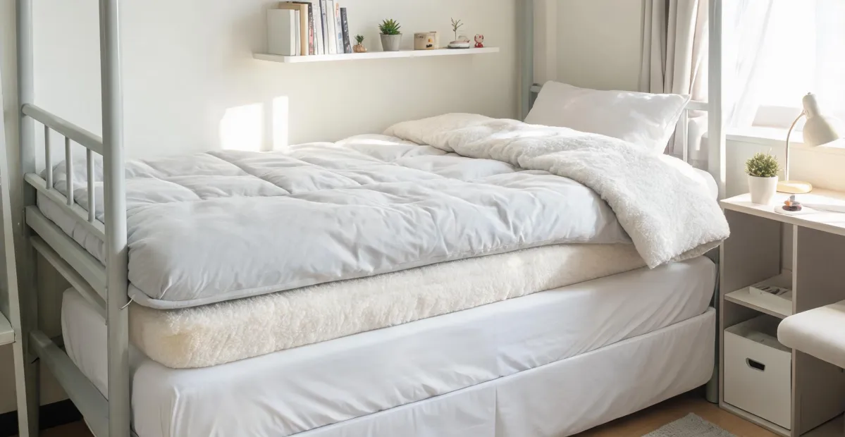 Compact dorm bed with bedding bundle