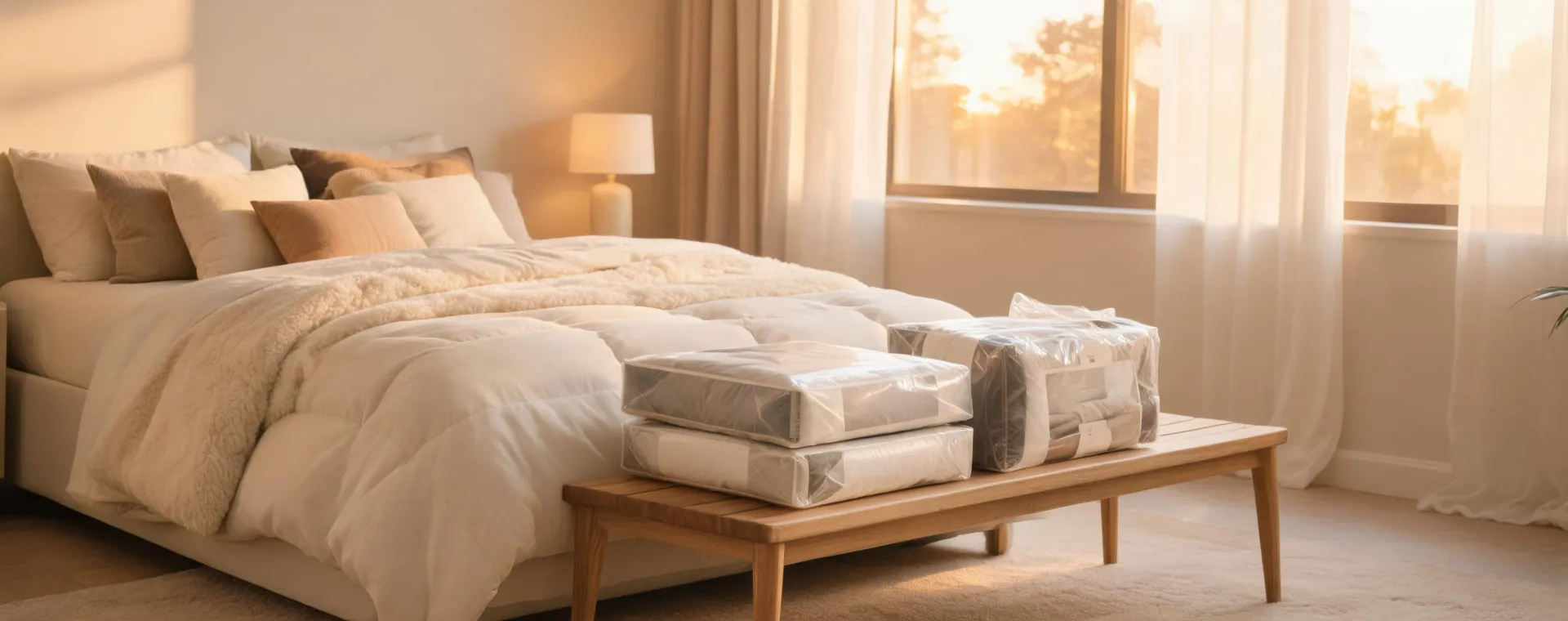 Calm bedroom with Linenspa bedding at sunset