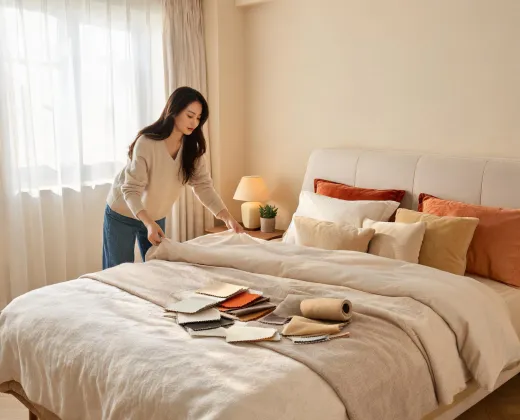 Interior stylist preparing bedding layers