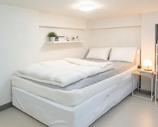 Dorm room with compact bedding